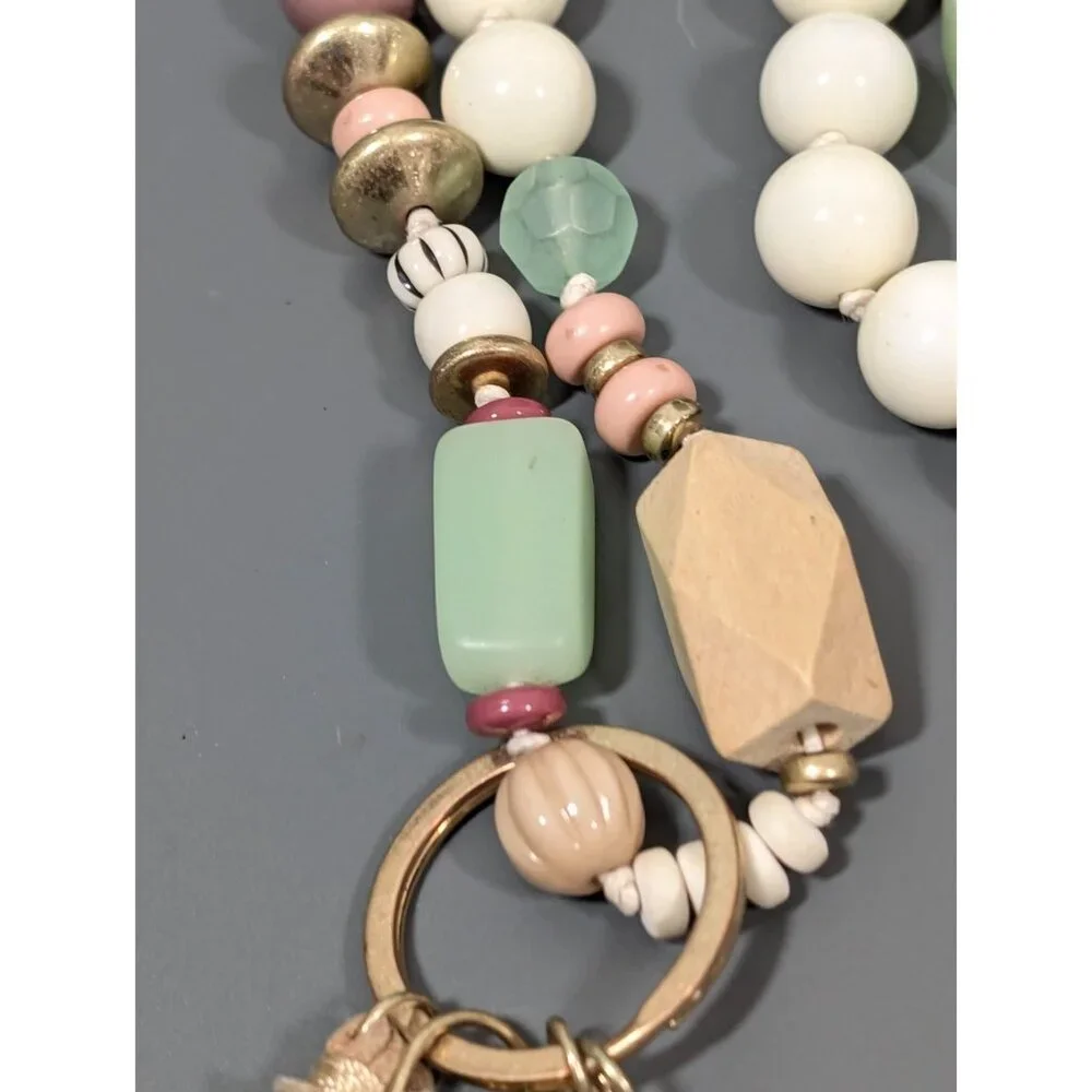 Plunder Boho Beaded Tassel‎ ID Badge Holder Cream Green Long Necklace 38 in